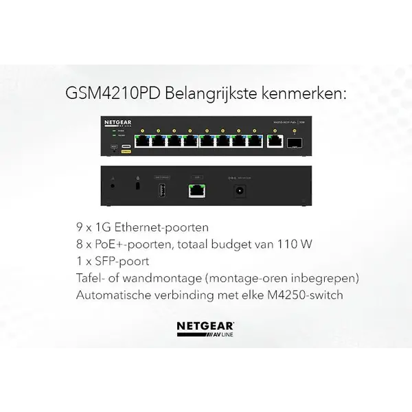 Netgear Netgear | GSM4210PD | 10-poorts AV-netwerk switch | 8x 1G PoE+ 110W | 1x 1G | 1x SFP glasvezel poort | Managed Switch