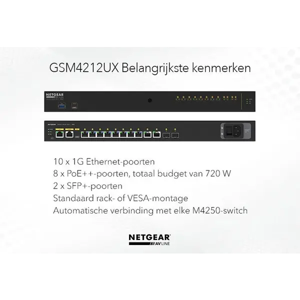 Netgear Netgear | GSM4212UX | 12-poorts AV-netwerk switch | 8x 1G Ultra90 PoE++ 802.3bt 720W | 2x 1G | 2x SFP+ glasvezel porten | Managed Switch