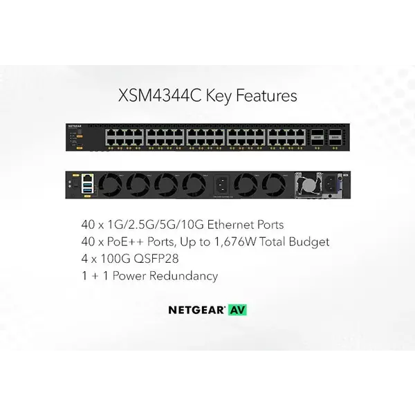 Netgear Netgear | XSM4344C | 44-poorts AV-netwerk switch | 40x 10G/PoE++ met meerdere Gigabit Ethernet-poorten (196W-1,676W) | 4x QSFP28 100G | Managed Switch