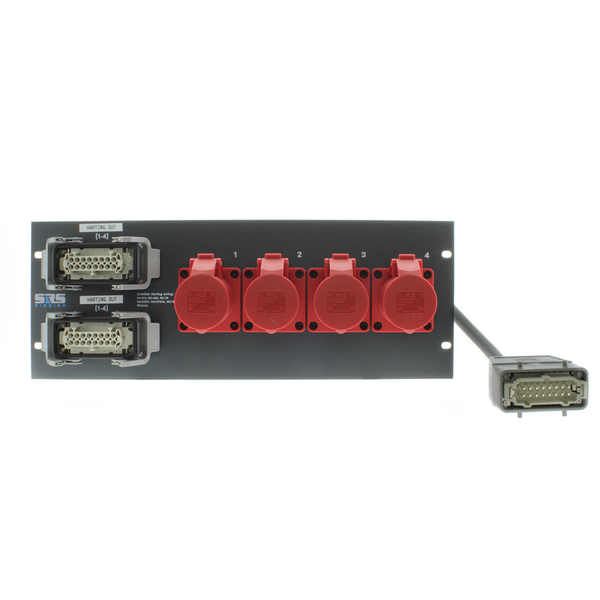 SRS Rigging* SRS Rigging | PP3H4C | 19-inch break-out | Input: 1x Harting | Output: 2x harting, 4x 16A CEE | Hoogte: 3HE