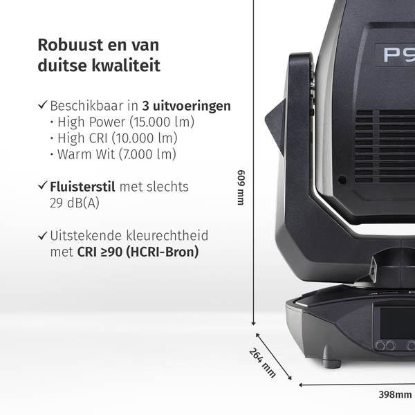 JB-Lighting | P9 HP | Beamspot LED Movinghead | 330W | 15.000lm | CMY | 29dB-A | 18 gobo's | 3.4° – 54°| 17kg | CRI ≥70 JB-Lighting* JB-Lighting | P9 HP | Beamspot LED Movinghead | 330W | 15.000lm | CMY | 29dB-A | 18 gobo's | 3.4° – 54°| 17kg | CRI ≥70