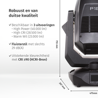 JB-Lighting* JB-Lighting | P18 | Profielspot LED Movinghead | 1100W | 23.000 – 40.000lm | CMY | 28dB(A) | 14 gobo's | 6,5° - 54° | 32kg | CRI ≥91 - ≥70