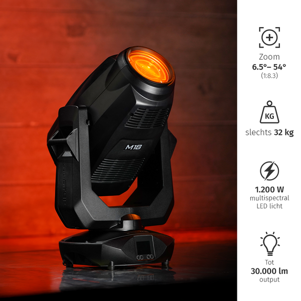 JB-Lighting | M18 | Profielspot LED Movinghead | 1200W | 30.000lm | RGBAL | 28dB(A) | 14 gobo's | 6,5° - 54°| 32kg | CRI ≥96 JB-Lighting* JB-Lighting | M18 | Profielspot LED Movinghead | 1200W | 30.000lm | RGBAL | 28dB(A) | 14 gobo's | 6,5° - 54°| 32kg | CRI ≥96