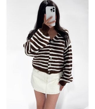 KITTY STRIPE CARDIGAN - BROWN/WHITE
