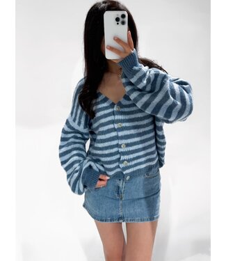 KITTY STRIPE CARDIGAN - NAVY/SKY