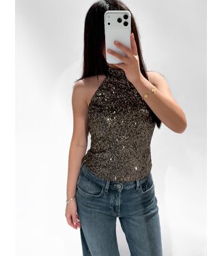 GRACIE SEQUIN HALTER TOP - DARK BROWN