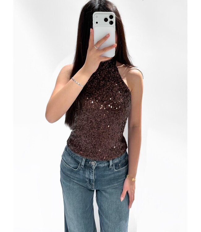 GRACIE SEQUIN HALTER TOP - BROWN