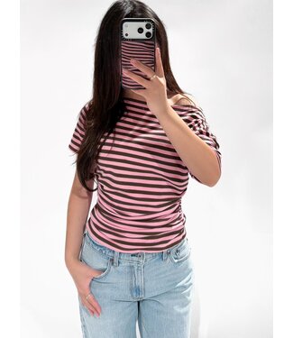 (PRE-ORDER) OFF SHOULDER STRIPE TOP - PINK/BROWN