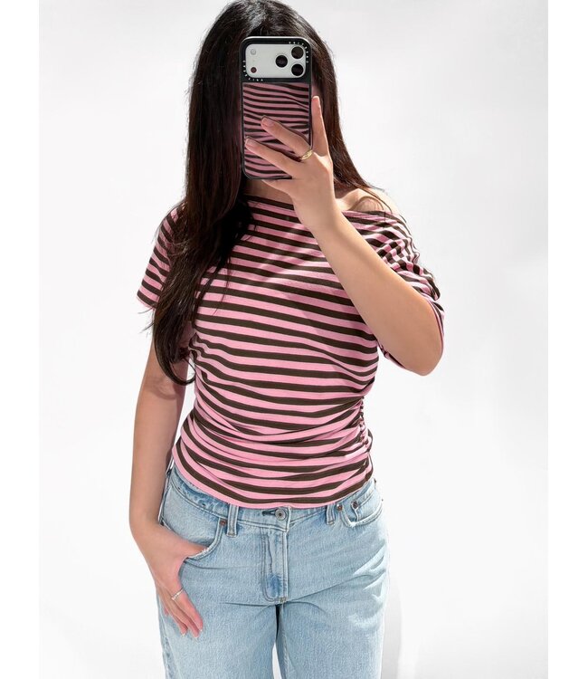 (PRE-ORDER) OFF SHOULDER STRIPE TOP - PINK/BROWN
