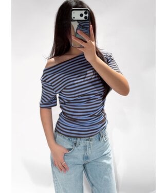 OFF SHOULDER STRIPE TOP - BLUE/BROWN