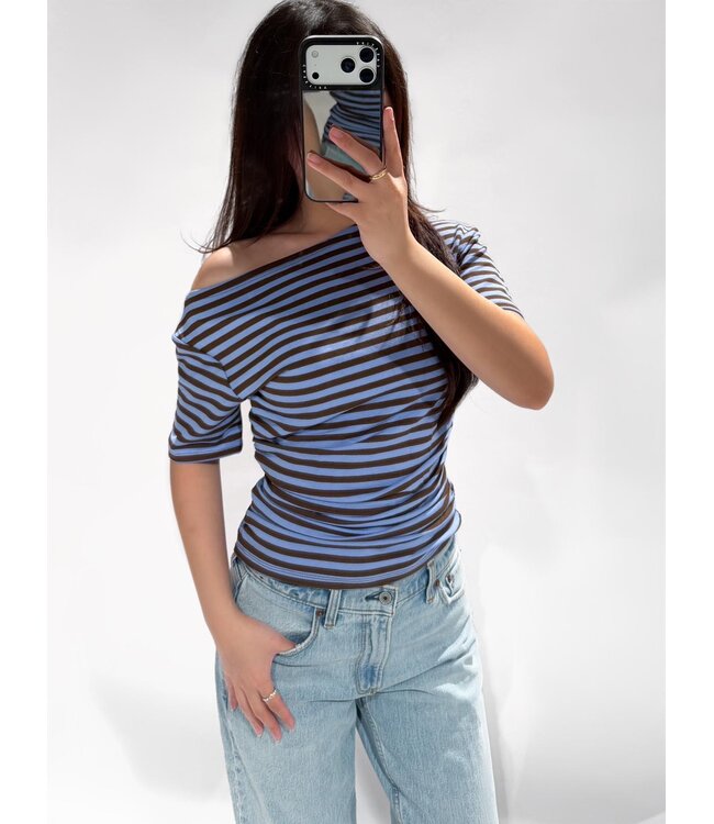 OFF SHOULDER STRIPE TOP - BLUE/BROWN