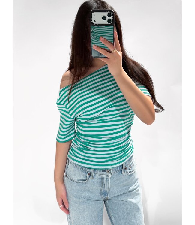 OFF SHOULDER STRIPE TOP - GREEN/SKY