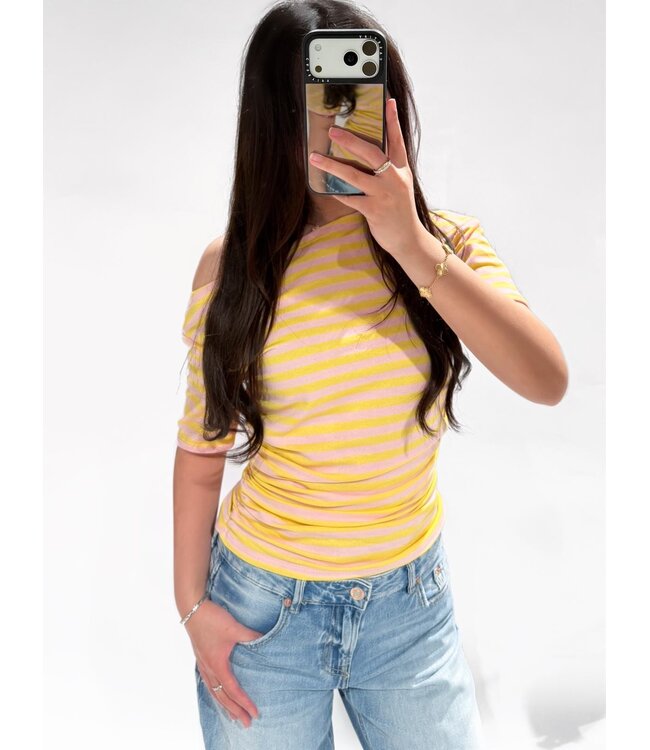 (PRE-ORDER SIZE M/L) OFF SHOULDER STRIPE TOP - PINK/YELLOW
