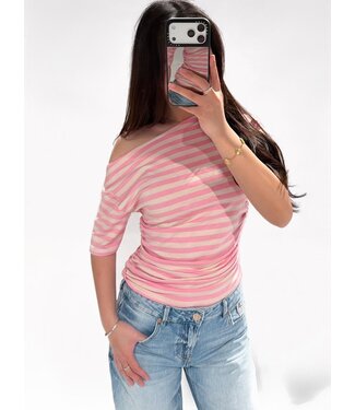 OFF SHOULDER STRIPE TOP - PINK/BLUSH