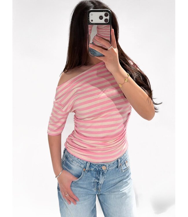 (PRE-ORDER SIZE M/L) OFF SHOULDER STRIPE TOP - PINK/BLUSH
