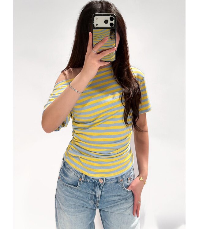 (PRE-ORDER SIZE M/L) OFF SHOULDER STRIPE TOP - YELLOW/SKY