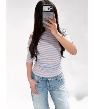 (PRE-ORDER SIZE M/L) OFF SHOULDER STRIPE TOP - SKY/PINK