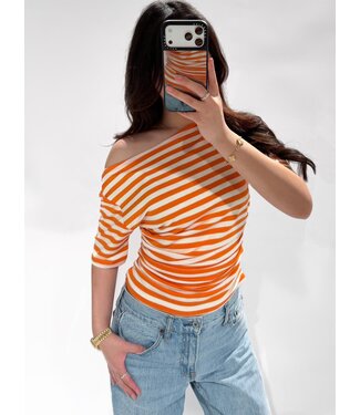 OFF SHOULDER STRIPE TOP - ORANGE/WHITE