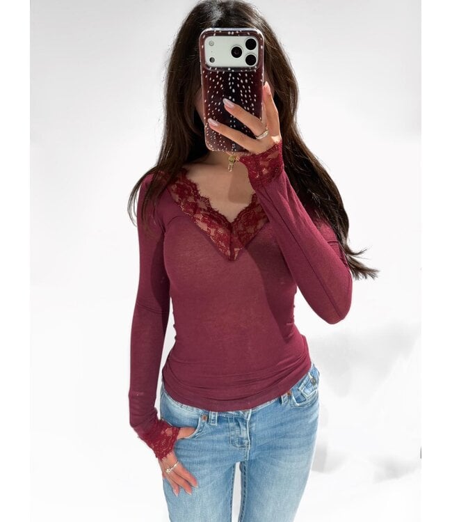 LACE CASHMERE TOP - D28668 - BORDEAUX