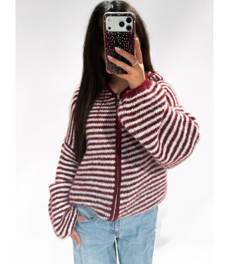 RUBY STRIPE HOODED CARDIGAN - RED