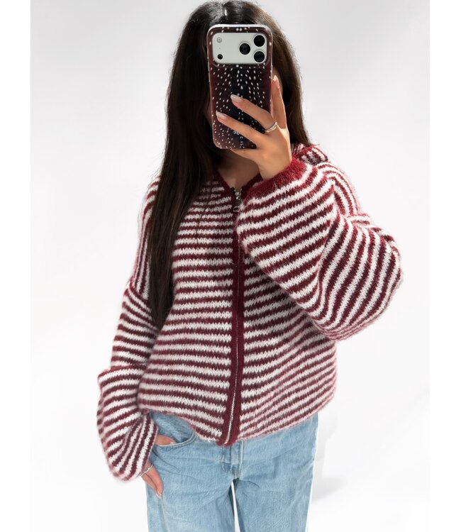 RUBY STRIPE HOODED CARDIGAN - RED