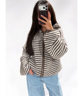 RUBY STRIPE HOODED CARDIGAN - TAUPE
