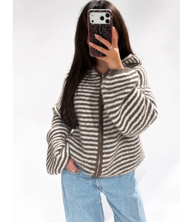 RUBY STRIPE HOODED CARDIGAN - TAUPE