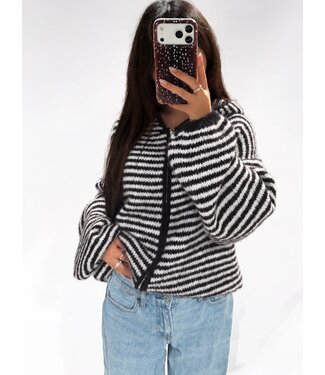 RUBY STRIPE HOODED CARDIGAN - BLACK