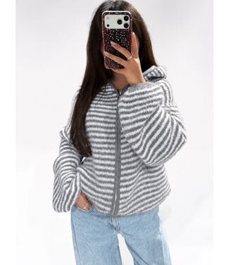 RUBY STRIPE HOODED CARDIGAN - GREY