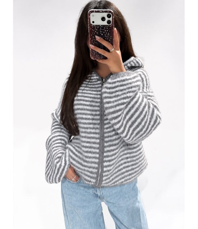 RUBY STRIPE HOODED CARDIGAN - GREY