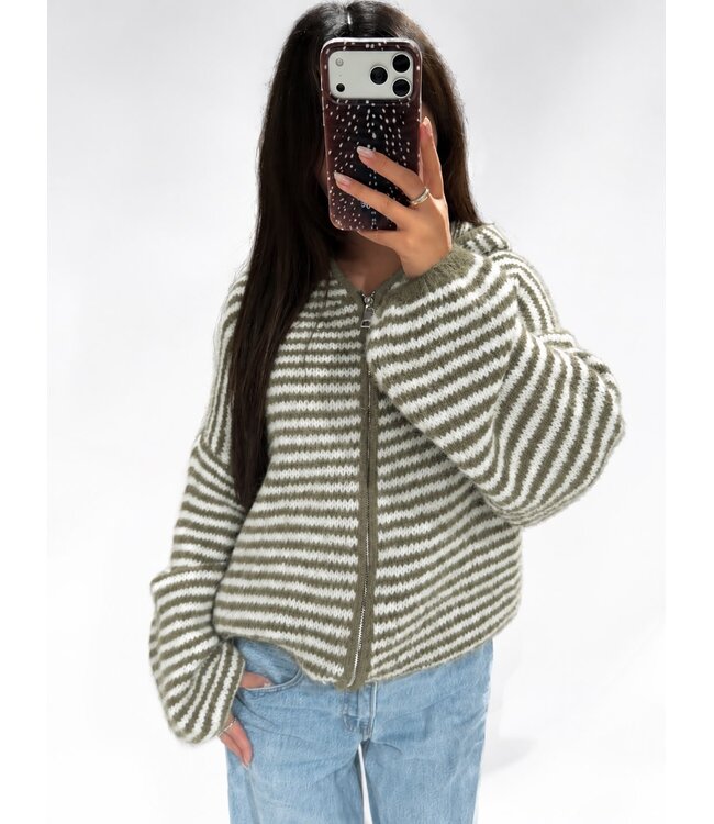 RUBY STRIPE HOODED CARDIGAN - GREEN