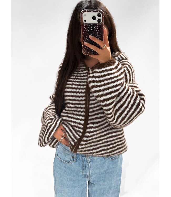 RUBY STRIPE HOODED CARDIGAN - BROWN