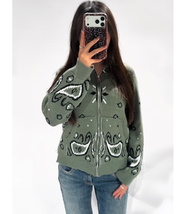 BANDANA PRINT ZIPPER CARDIGAN - GREEN