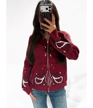 BANDANA PRINT ZIPPER CARDIGAN - BORDEAUX