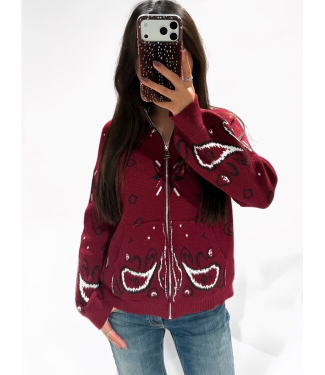 BANDANA PRINT ZIPPER CARDIGAN - BORDEAUX