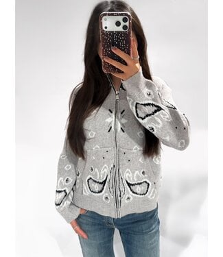 BANDANA PRINT ZIPPER CARDIGAN - GREY