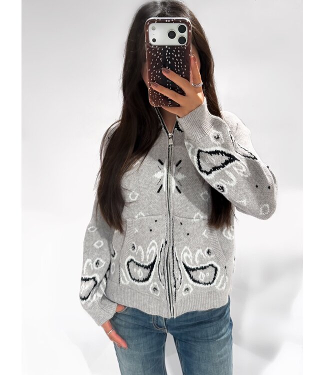 BANDANA PRINT ZIPPER CARDIGAN - GREY