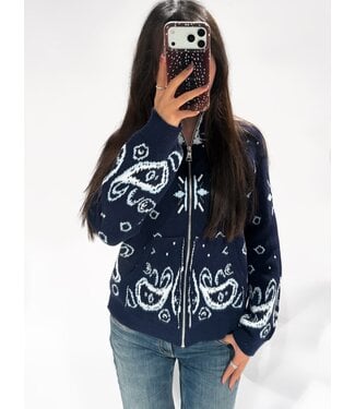 BANDANA PRINT ZIPPER CARDIGAN - NAVY