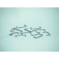 Durable metal upholstery hooks designed for securely mounting and attaching fabric or leather upholstery to furniture frames. One bag contains 100 hooks.