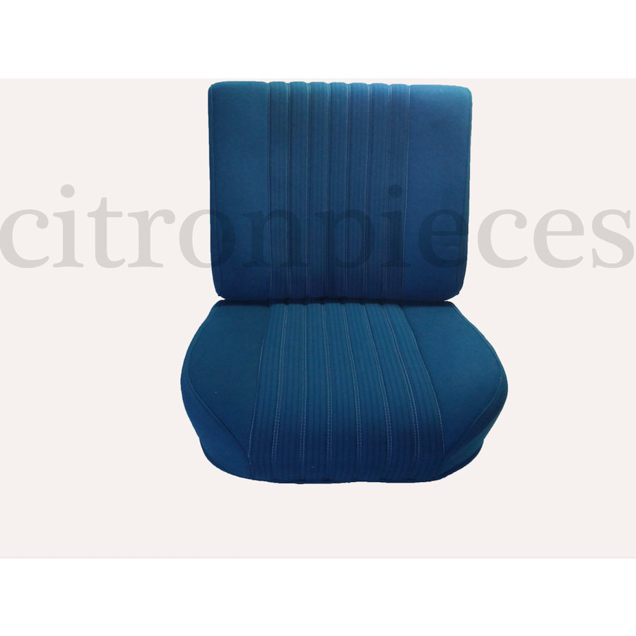 Vordersitzbezugsatz für Pallas (montiert auf neuem Rückenrahmen mit Schaumstoff vorbereitet für schmale Kopfstützen blauer Stoff (Mittelteil in2 Tönen) für Sitz- und Rückenteil mit Abschlußverkleidung (weißliches Kunstleder) Citroën ID/DS-1