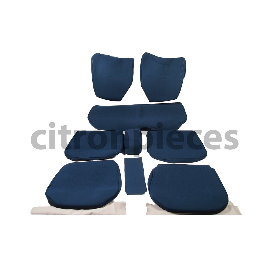 Garniture complète (2 sièges AV + 1 banquette AR) en étoffe bleu unie imprimé gauffre Citroën ID/DS-1