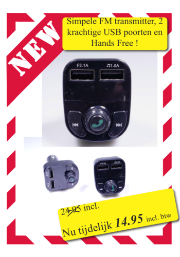  FM- transmitter. Connect your existing radio with your phone. 2 usb ports, handsfree 