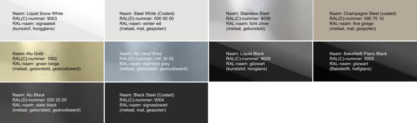 Beschikbare kleuren Niko Pure schakelmateriaal