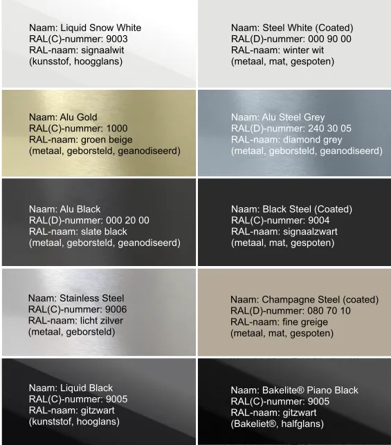 Beschikbare kleuren Niko Pure schakelmateriaal