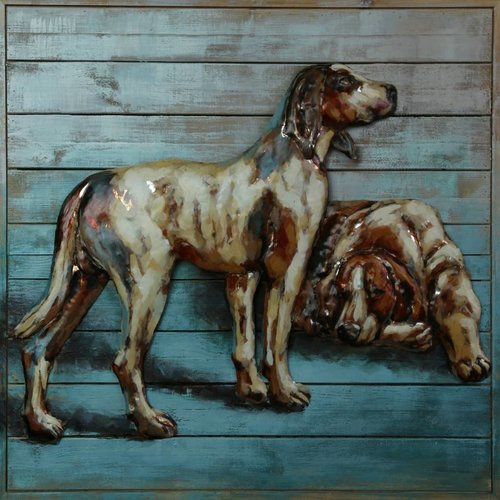 Schilderij ijzer-hout 2 Honden 80x80cm Schilderij ijzer-hout 2 Honden 80x80cm