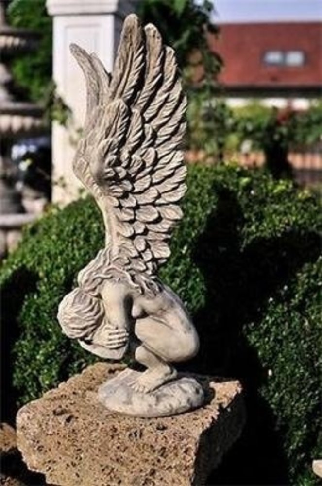 Small garden statue Angel with wings Highquality cast stone Gray