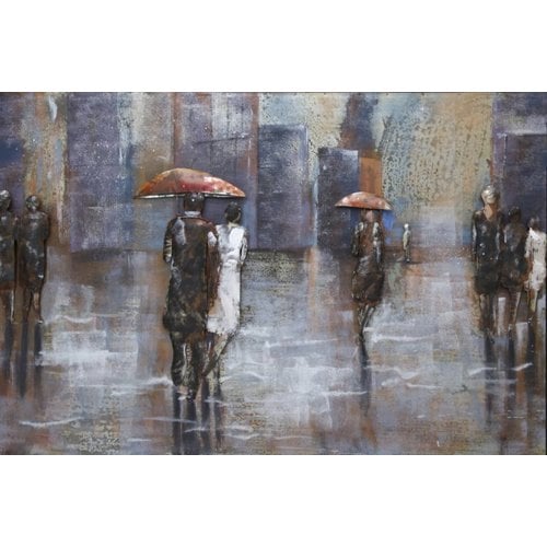 3D schilderij metaal mensen in de regen met paraplu 80x120cm