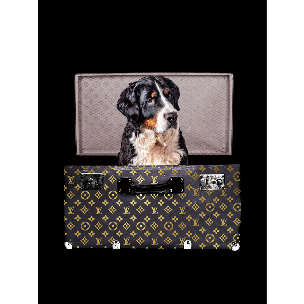 Glasmalerei Louis Vuitton Koffer schwarz mit Hund 60x80cm mit Goldfolie