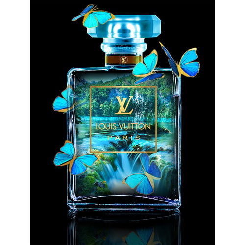 Glasschilderij blauwe parfumfles Louis Vuitton met goudfolie 60x80cm