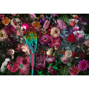 XXL Glasschilderij Papegaai op bloemen 110x160cm